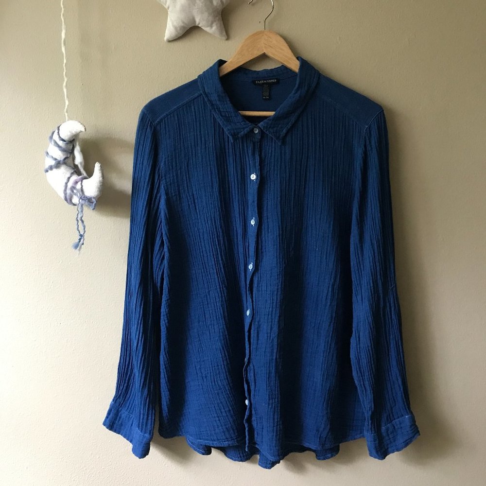 Eileen Fisher Indigo Overdyed Cotton Gauze Buttondown Button Up Shirt
